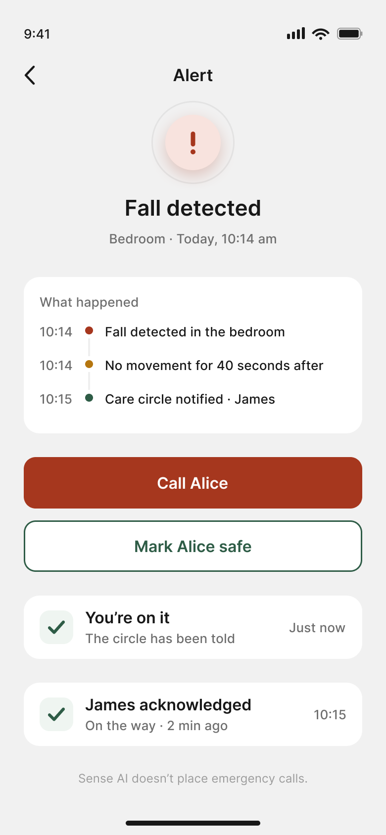 Acknowledged fall detail with timeline and response actions